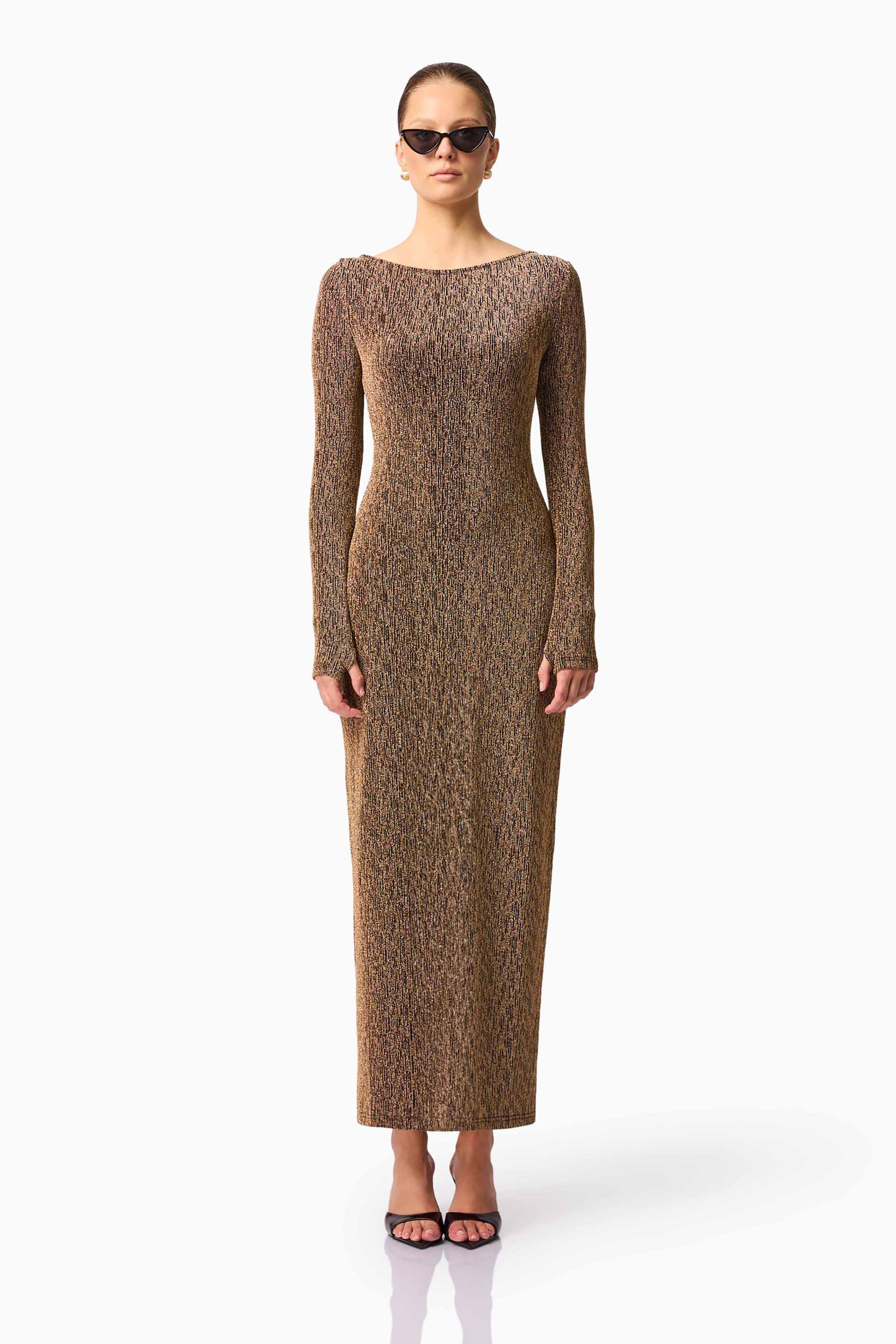 kimaris long sleeve dress CURAAE Emery Long Sleeve Maxi Dress - Gold - XL