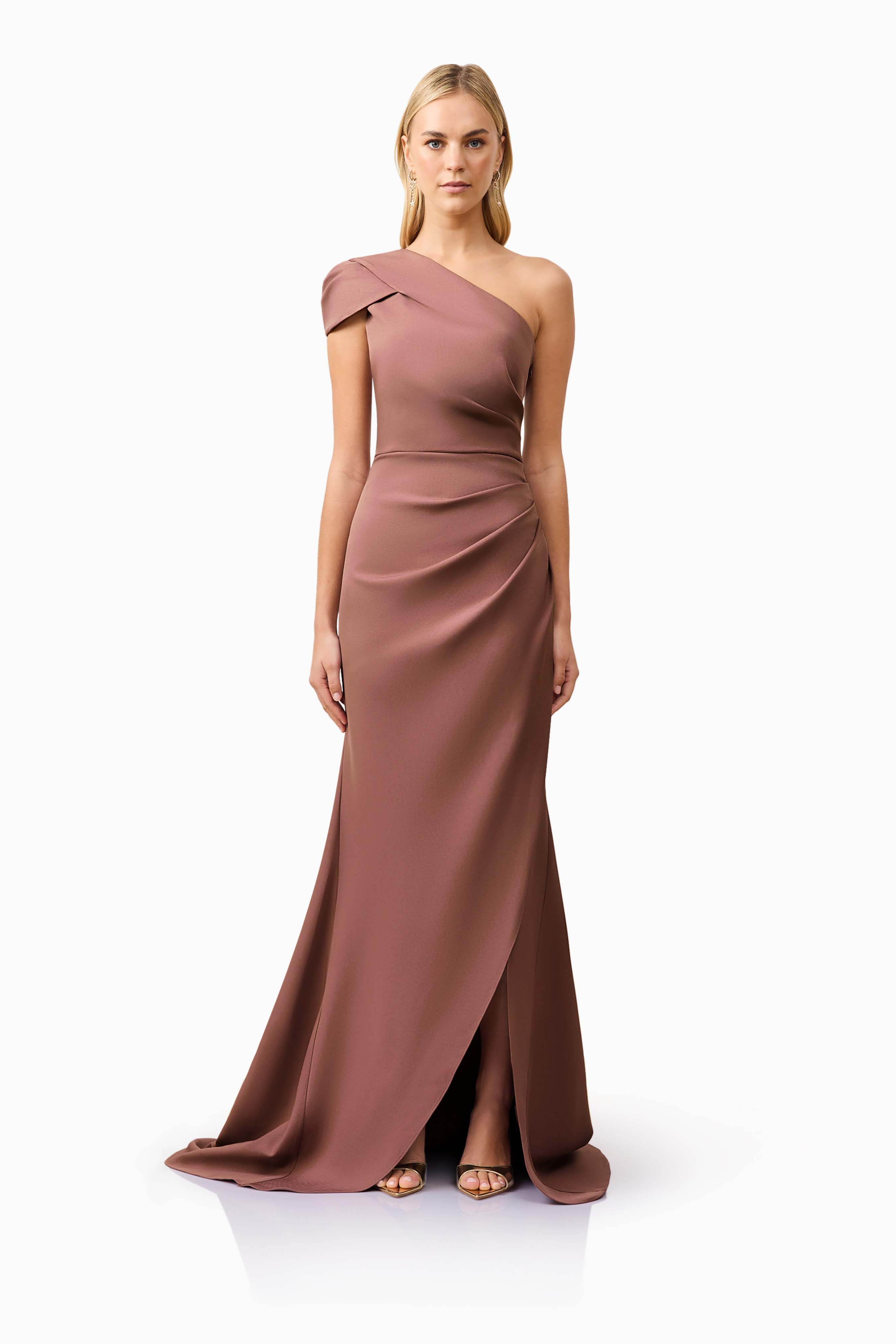 zara brown ruffle dress Ciara One Shoulder Draped Maxi Dress main image 0
