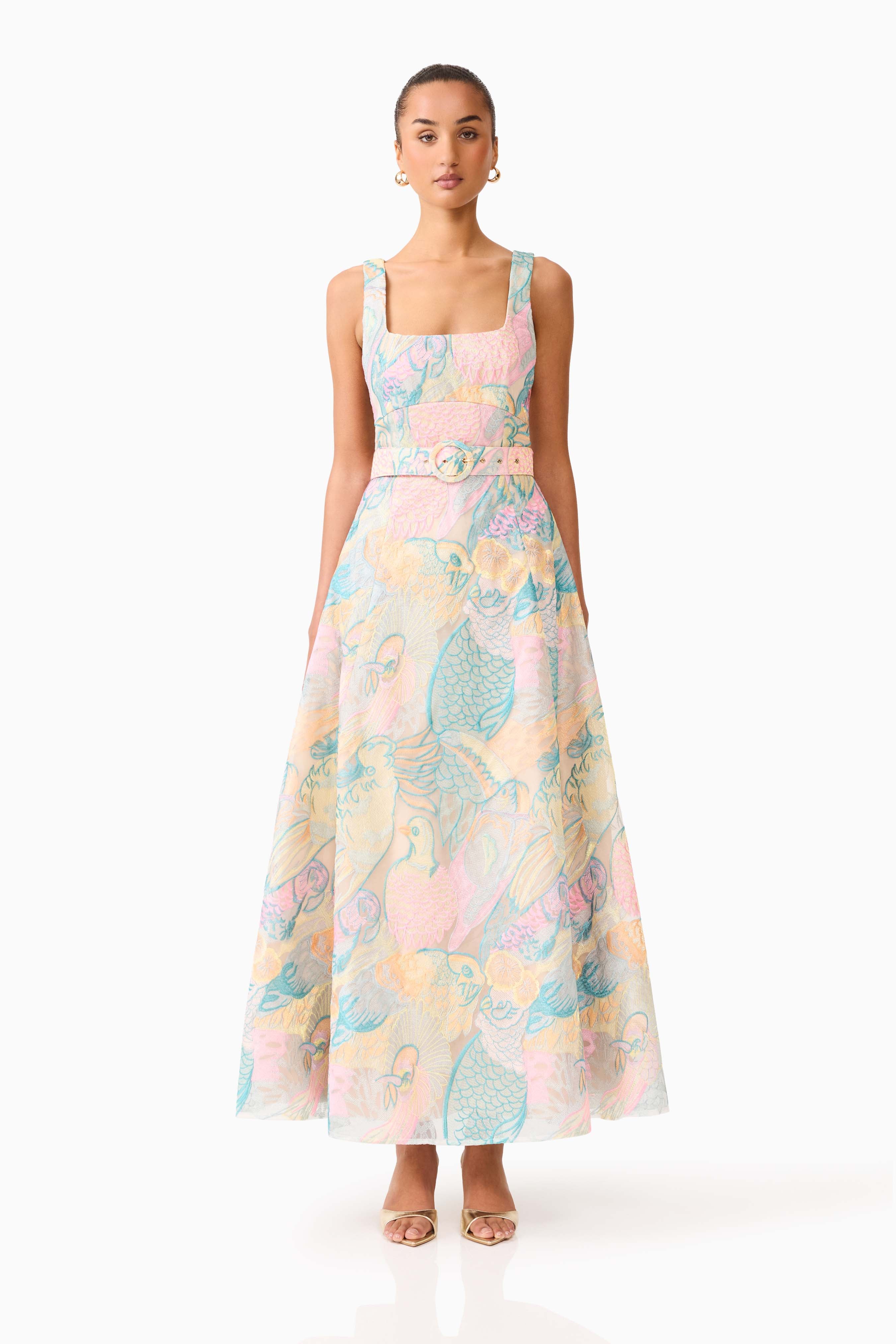 elliatt times dress in blue multi Taliah A-Line Gown a statement piece designed Linen Midi Dress COS's A-Line Linen Maxi Size:XXL - MIDI Length