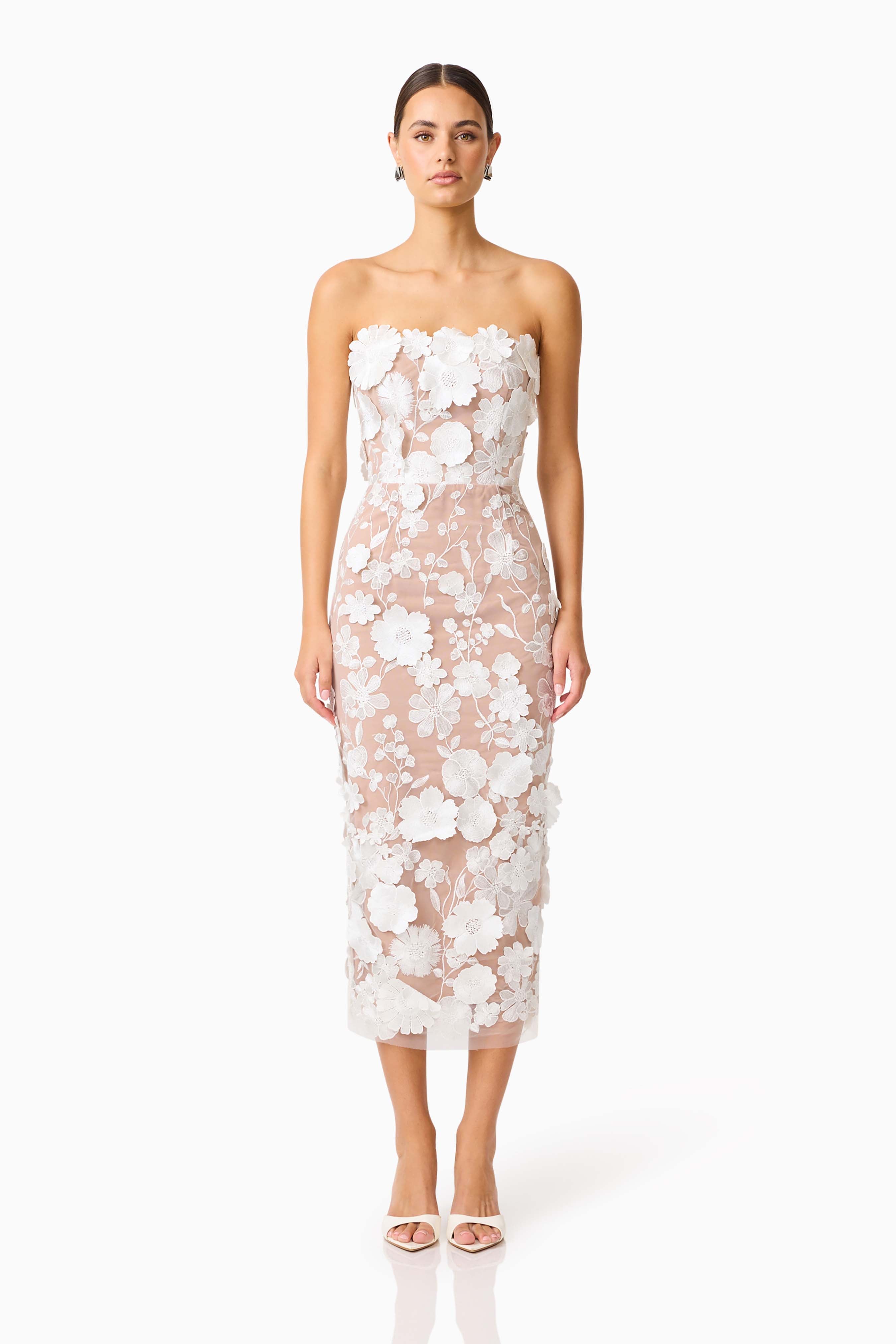 shannon 3d floral midi dress in white Helena Strapless Midi Dress - White - XL