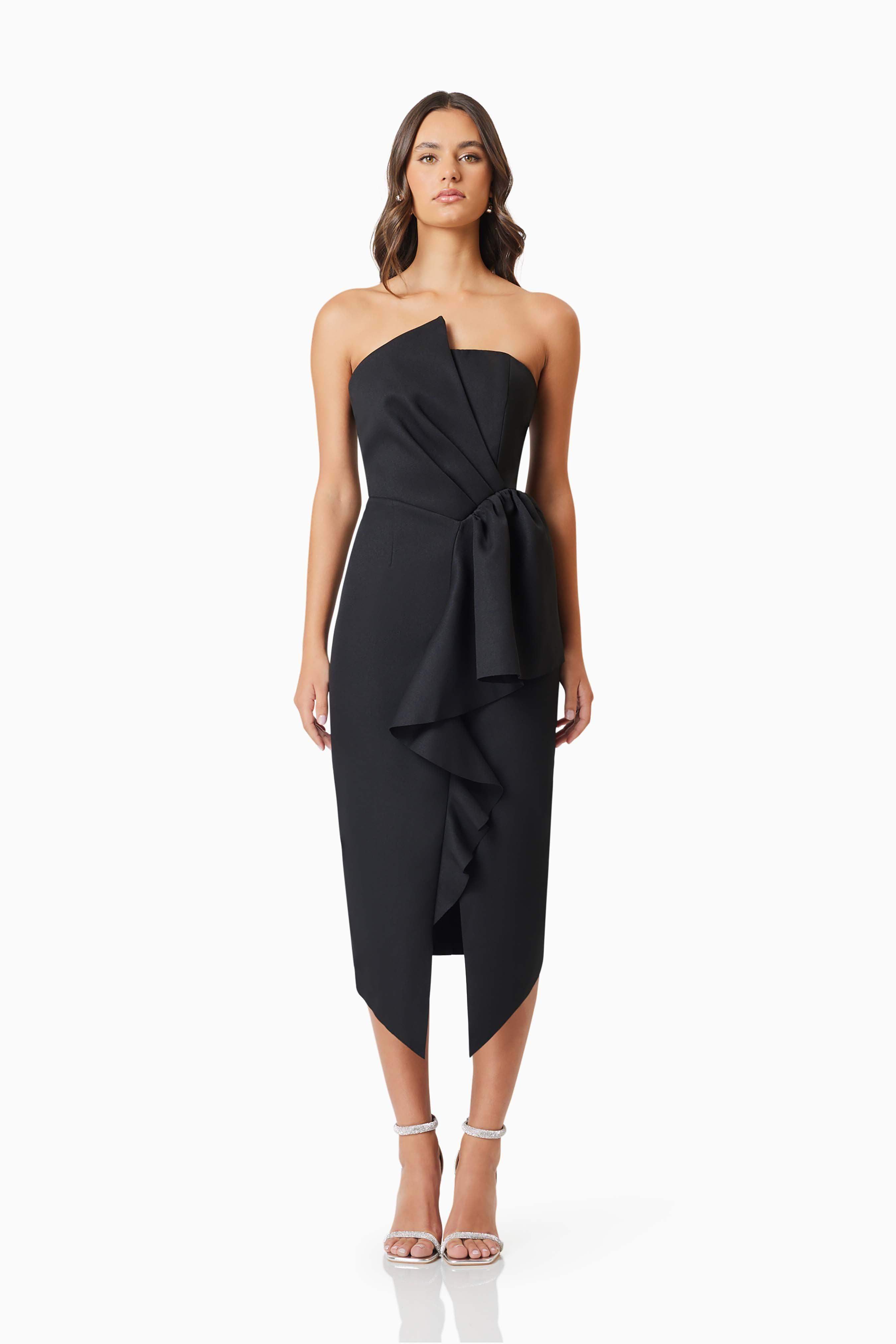 Reception Midi Dress in Black – Elegant Strapless Eventwear – Elliatt
