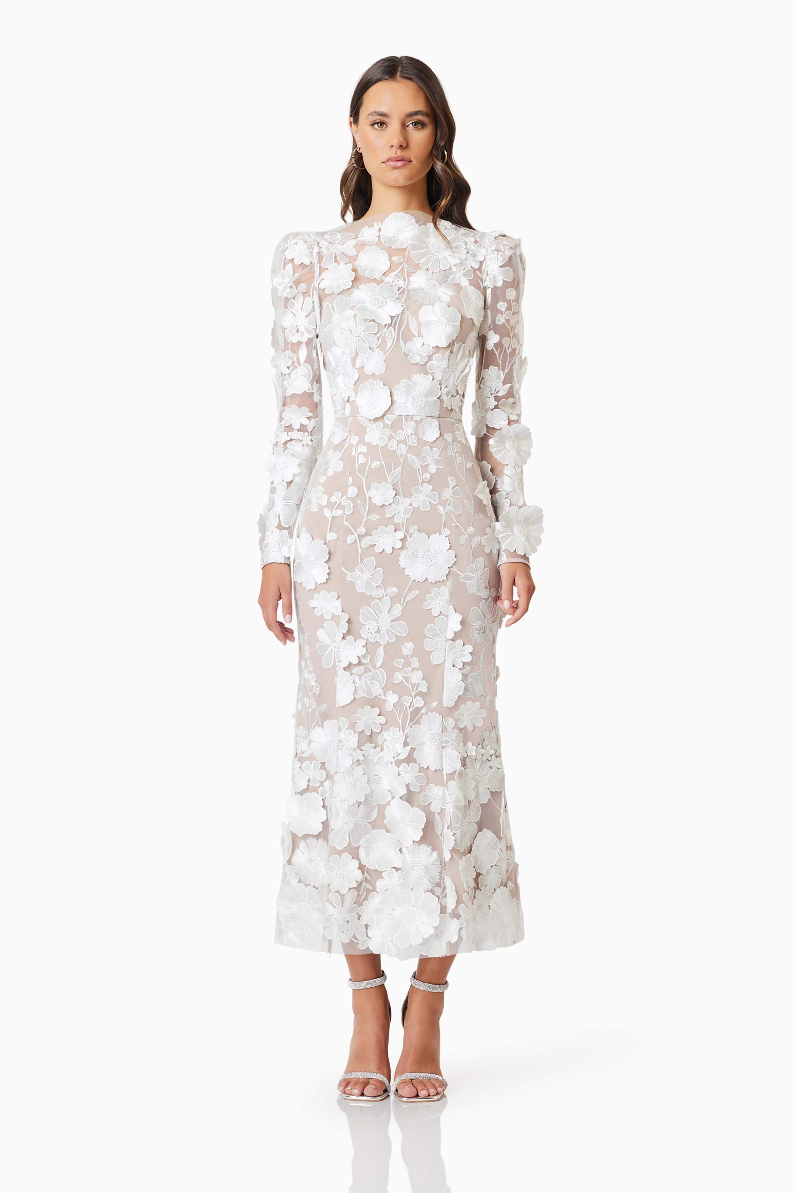 Shannon 3D Floral Midi Dress In White – Elliatt