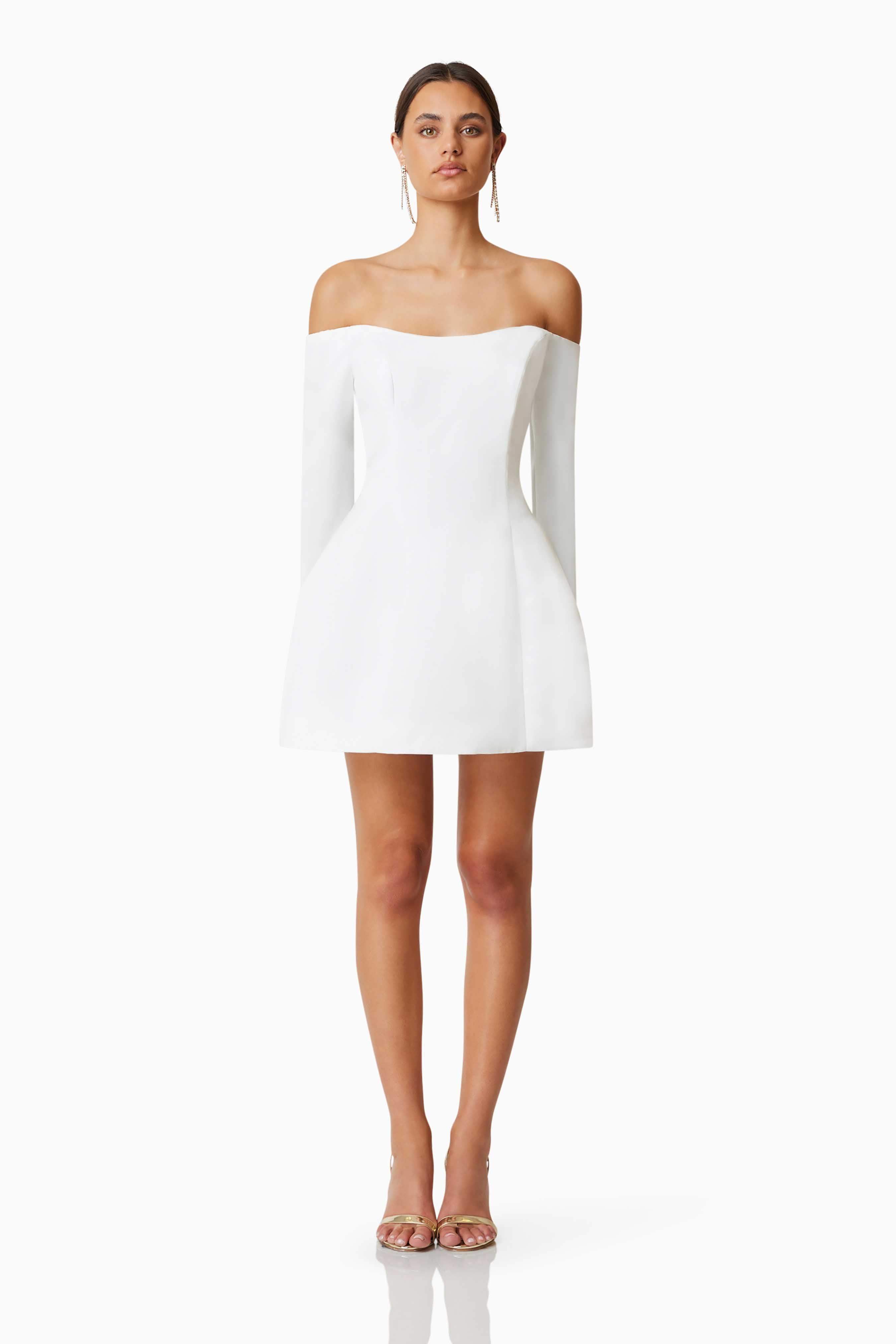 THE MYSTYLEMODE WHITE RIBBED LONG SLEEVE OFF THE SHOULDER FRAYED DEEP V NECK MINI DRESS