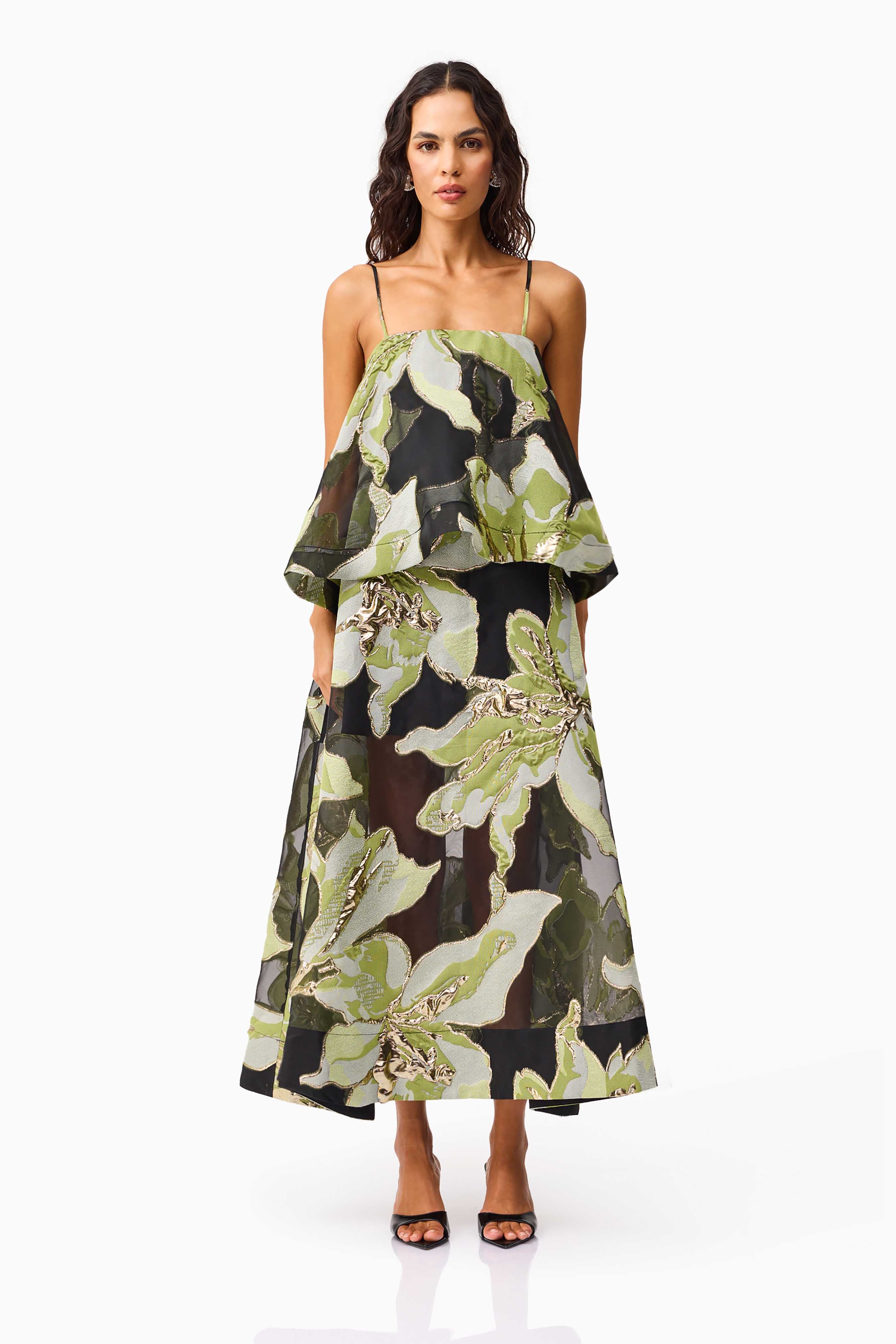 Elysia Tiered Gown in Black & Green Floral | Floral Jacquard Detailing Elliatt Elysia Tiered Gown in Black & Green Floral | Floral Jacquard Detailing Elliatt