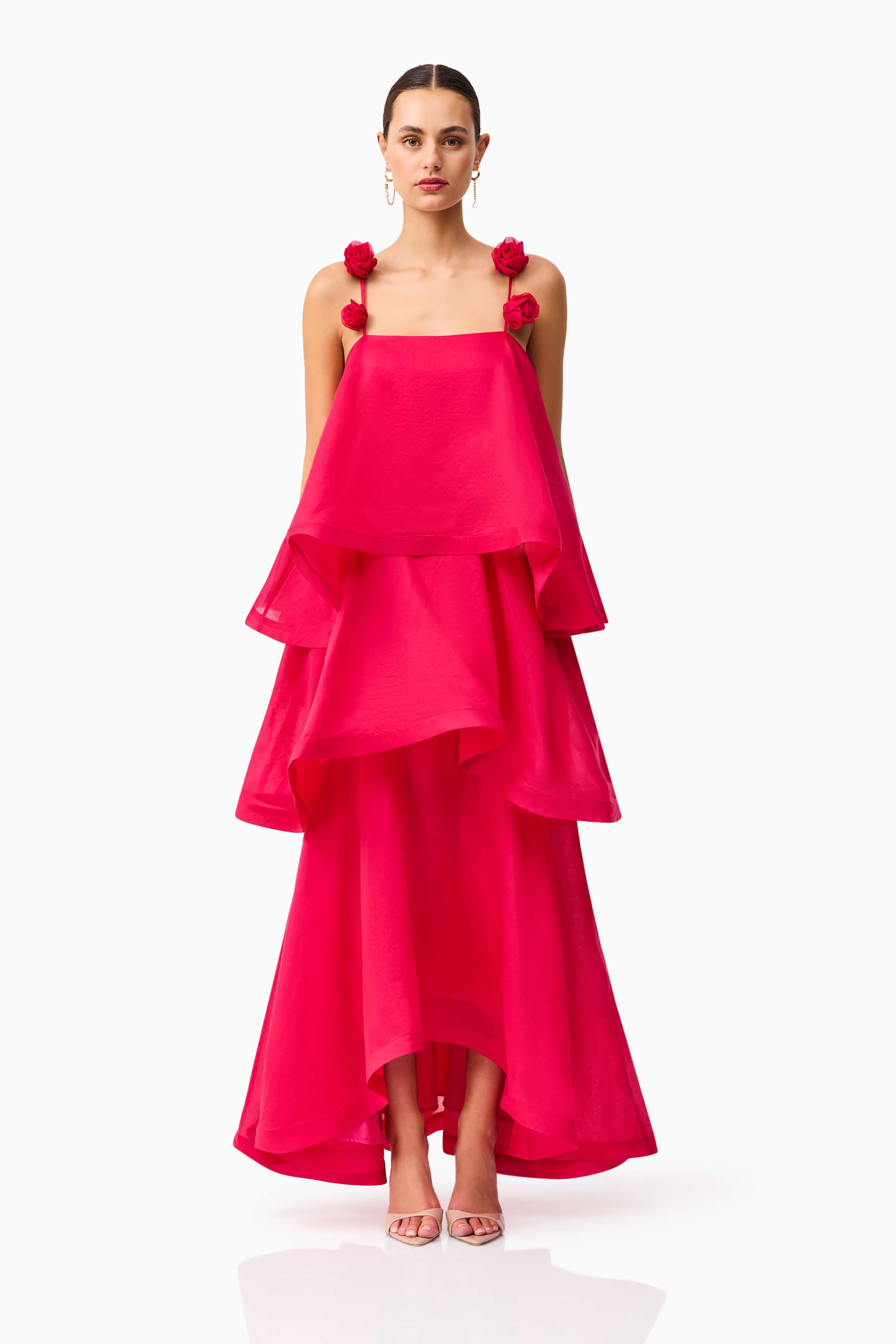 Thalia Tiered Gown in Pink – Rose Trim Detailing – Elliatt