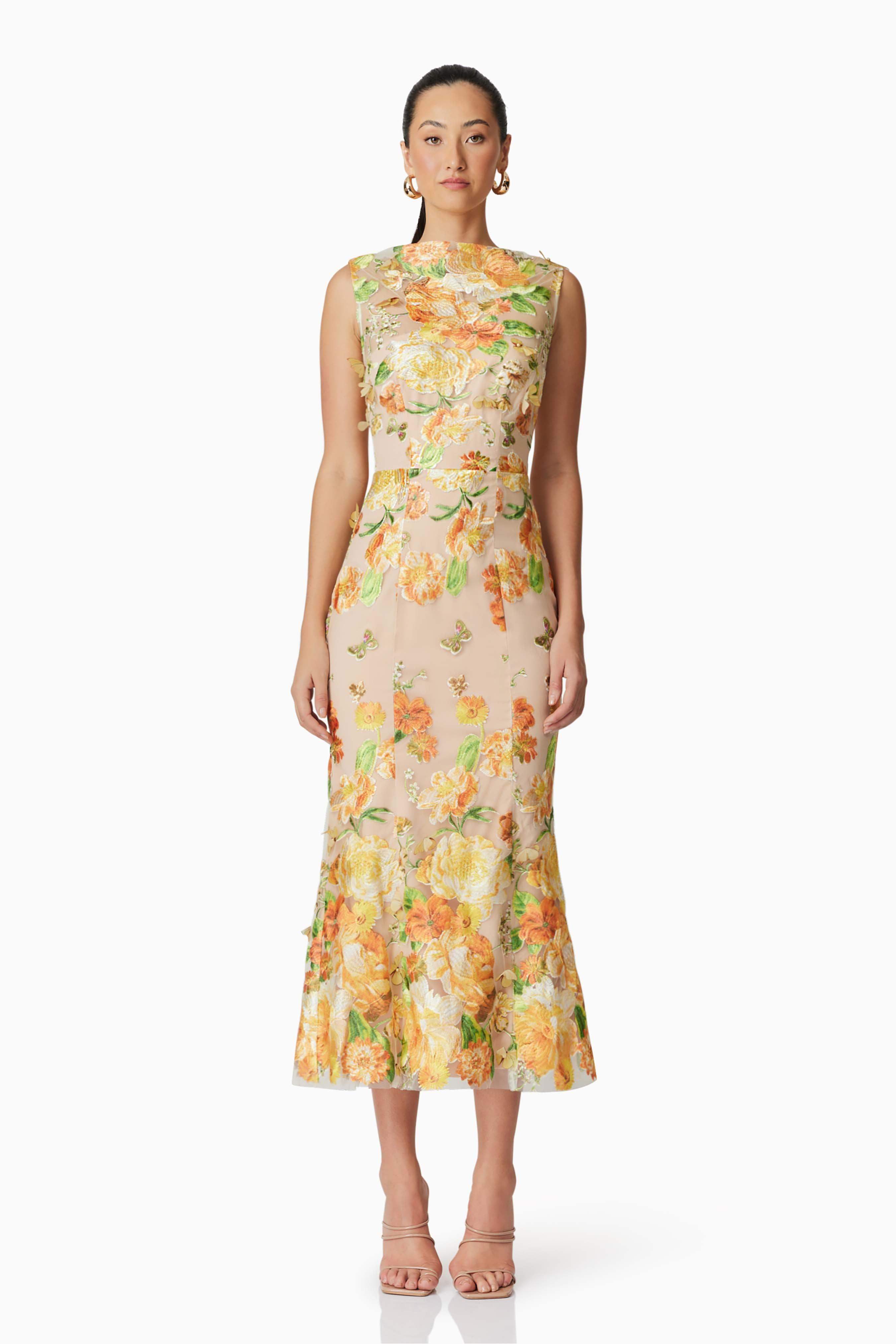 Parisia Butterfly Sleeve Dress Yellow Patterned