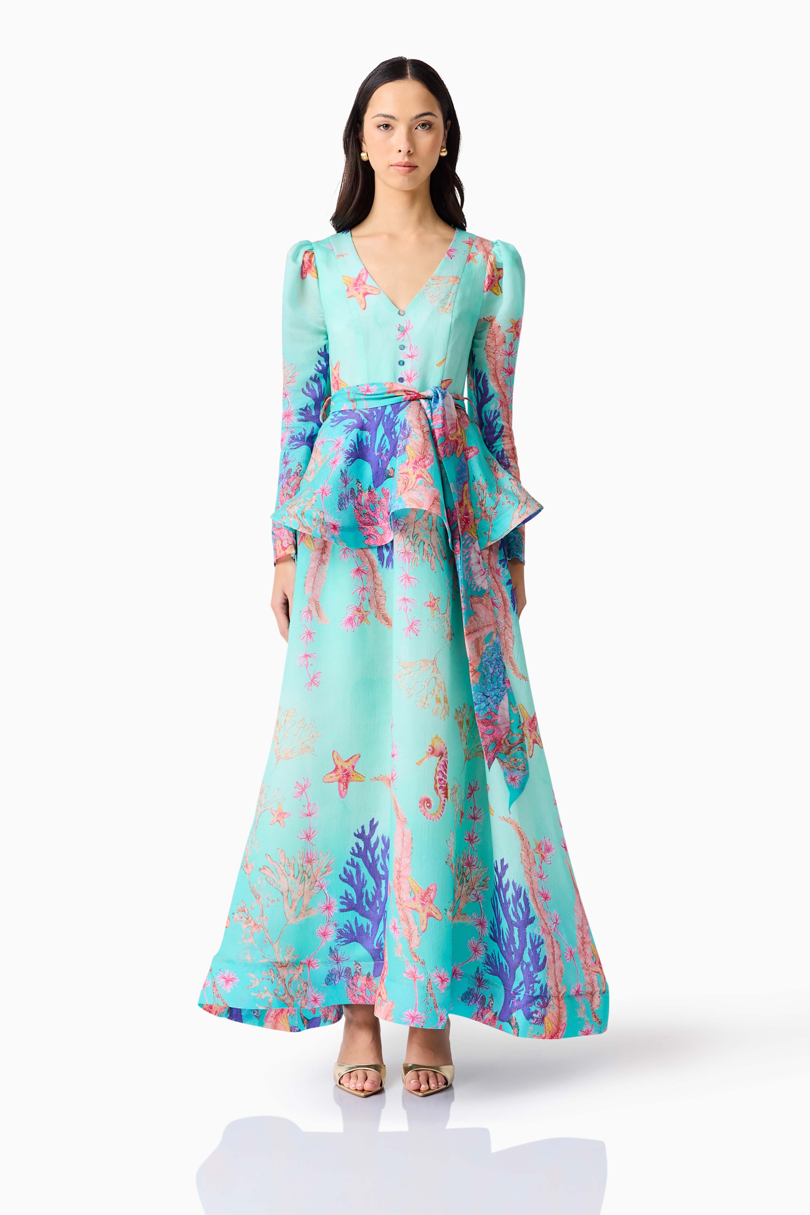multi color dress long sleeve Coral Maxi - Blue - XXL Select Shirt Size:XL Penelope High Slit Dress- Yellow floral dress The soft fabric and