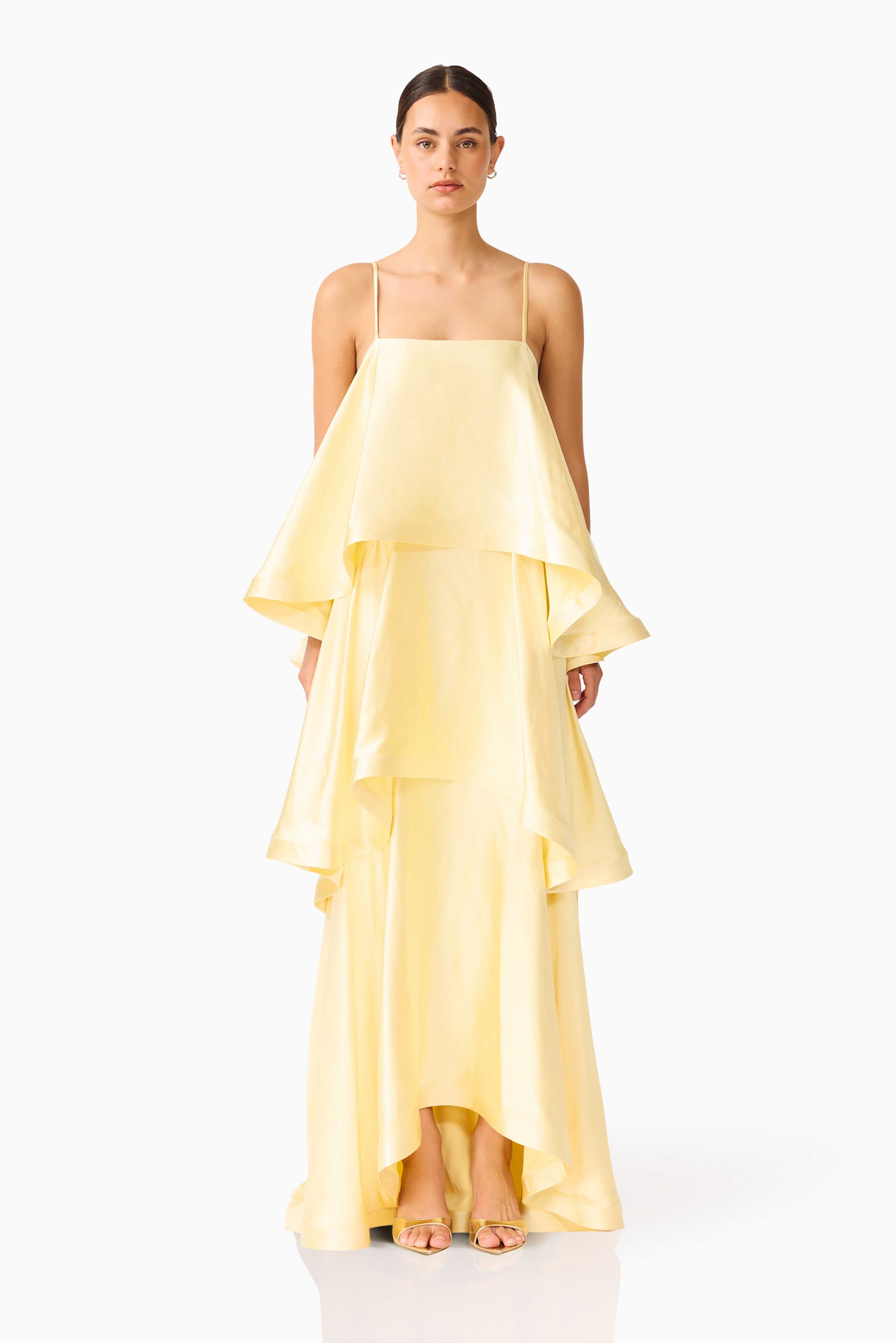 knee length dresses for ladies Tilly Tiered Maxi Dress in Butter Yellow