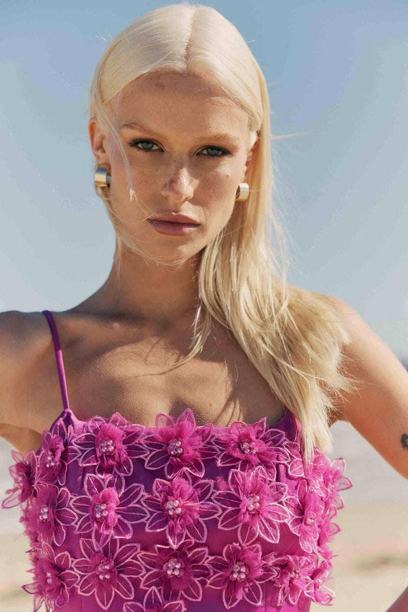 Sutton 3D Floral Mini Dress In Purple close up