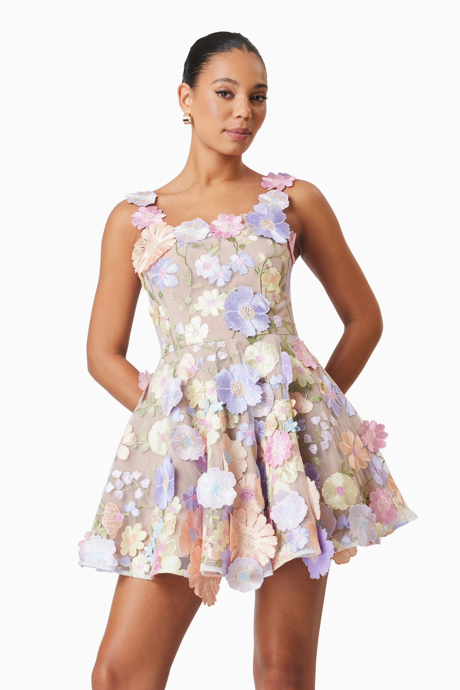 open lace back dress Elliatt Marlene Asymmetrical Gown in Pink Purple Floral main image 1