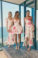 Blonde model wearing Rosalina Tiered Mini Dress in Floral campaign shot