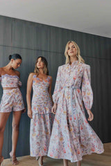 Blonde model wearing Ines Midi Shirt Dress in Purple Floral  front campaign shot