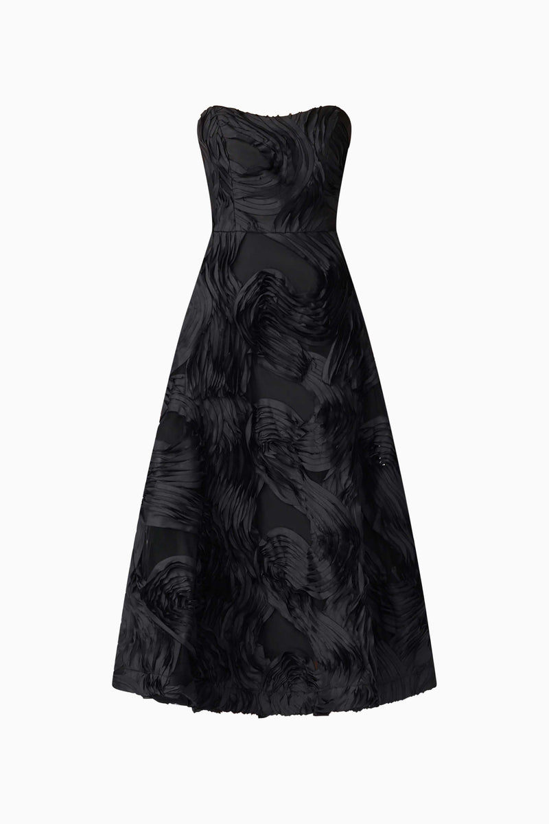 Brunette model wearing Asher Sweetheart Midi Dress in Black ghost shot