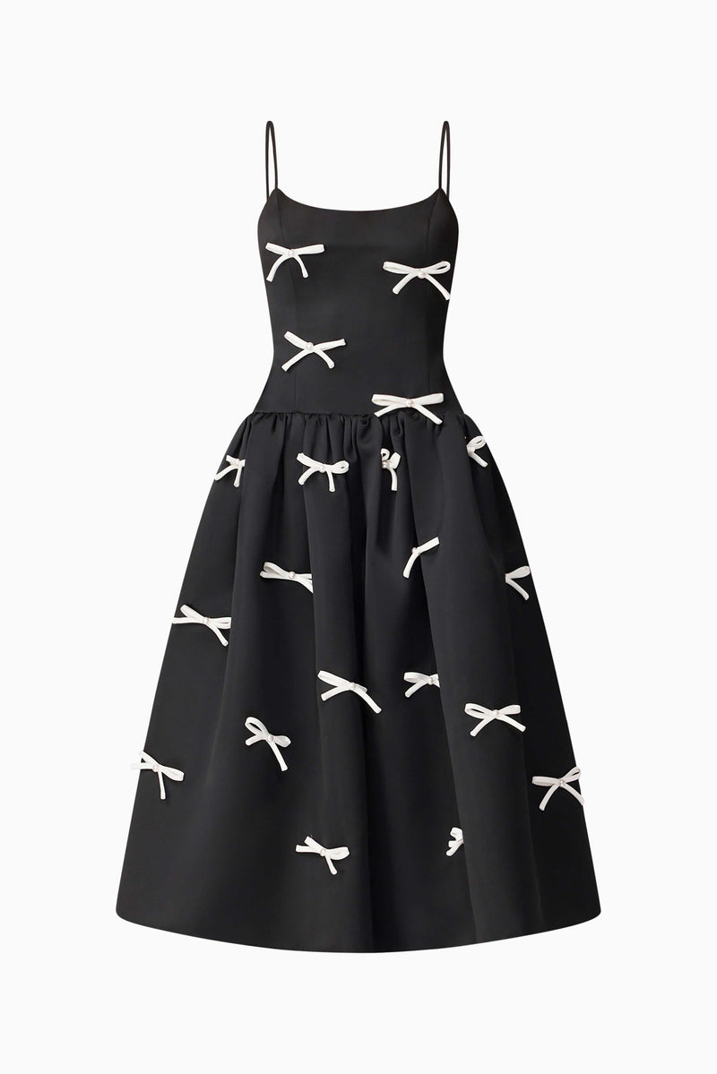 Brunette model wearing Ursula A-Line Midi Dress in Black ghost shot