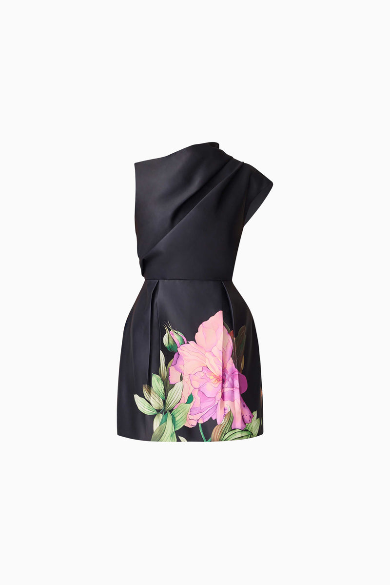 Azelie Aysmmetrical Mini Dress in Black | Floral Detailing Elliatt Azelie Aysmmetrical Mini Dress in Black | Floral Detailing Elliatt