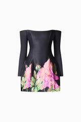 Brunette model wearing Azelie Off The Shoulder Mini Dress in Black ghost shot