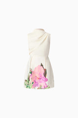 Brunette model wearing Azelie Asymmetrical Mini Dress in Floral ghost shot