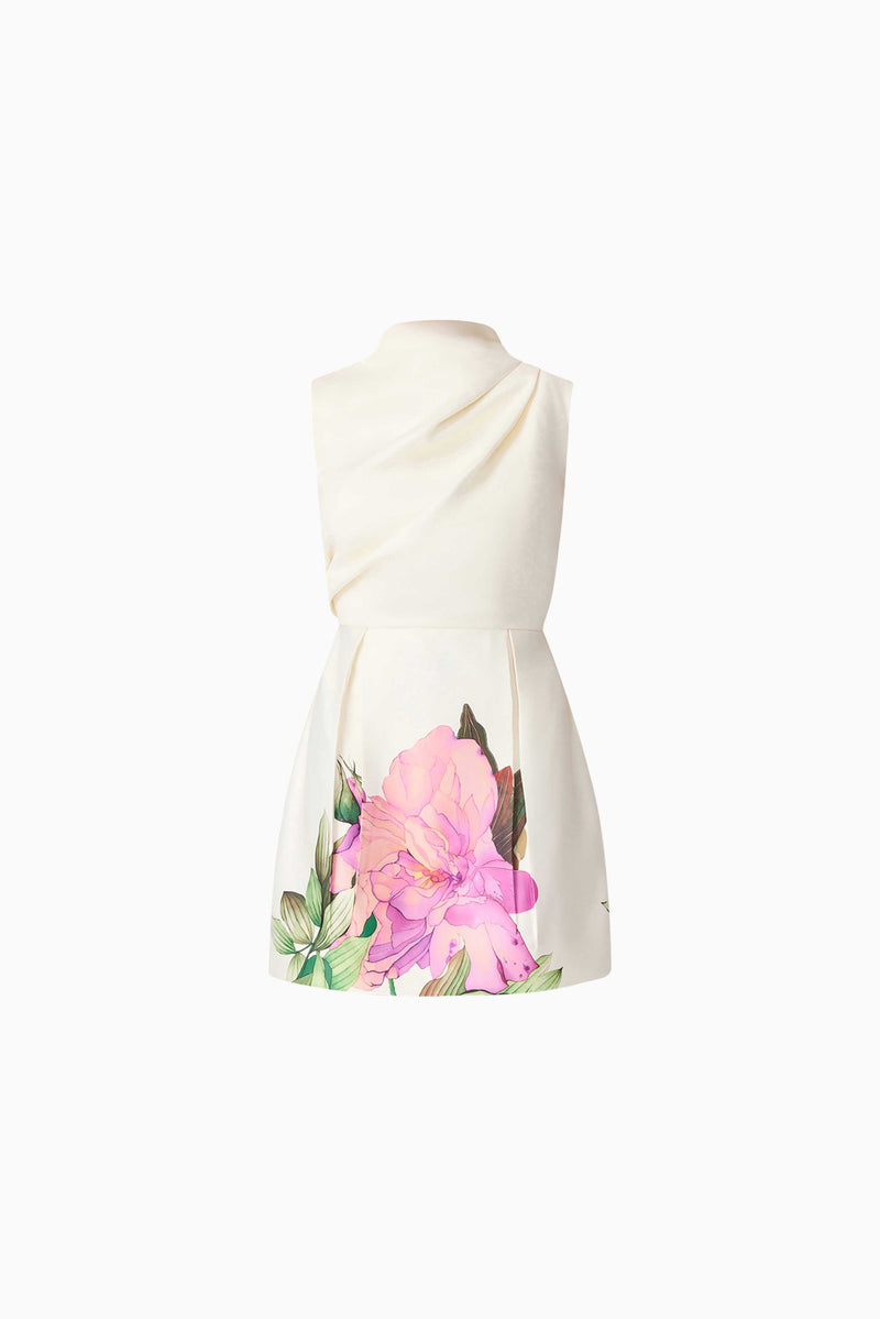 Brunette model wearing Azelie Asymmetrical Mini Dress in Floral ghost shot