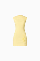 Brunette model wearing Evee High Neck Mini Dress in Yellow ghost shot