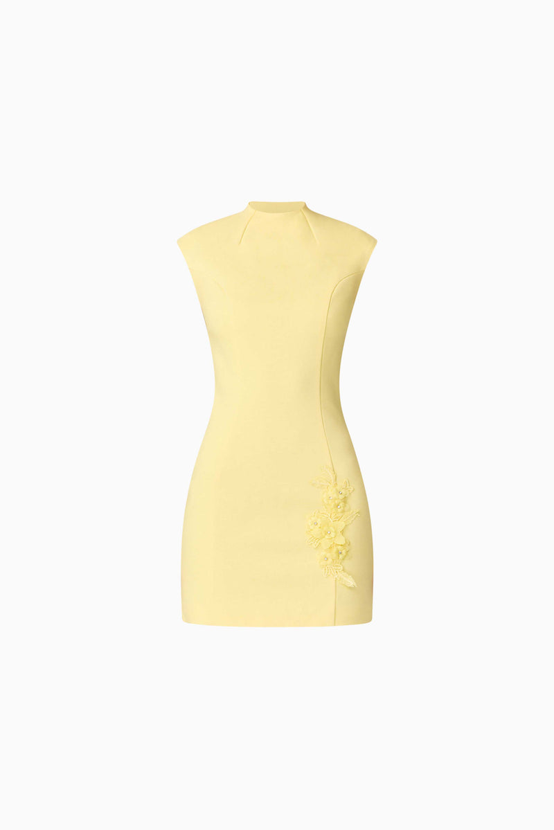 Brunette model wearing Evee High Neck Mini Dress in Yellow ghost shot