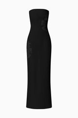 Blonde model wearing Evee Strapless Maxi Dress in Black ghost shot