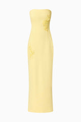 Blonde model wearing Evee Strapless Maxi Dress in Yellow ghost shot