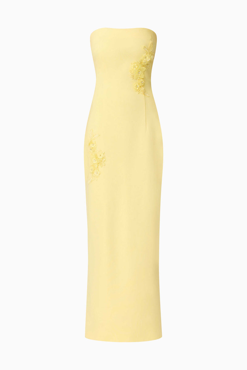 Blonde model wearing Evee Strapless Maxi Dress in Yellow ghost shot