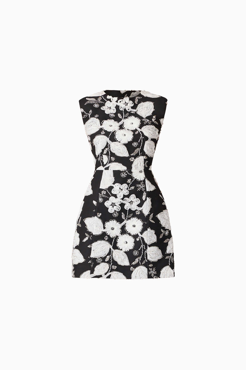 Brunette model wearing the Carol Tulip Mini Dres in Black & White ghost shot