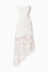 Brunette model wearing Carol Strapless Gown in White ghost shot