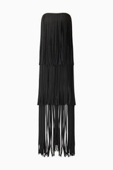 Blonde model wearing the Alya Tiered Maxi Dress in Black ghost shot