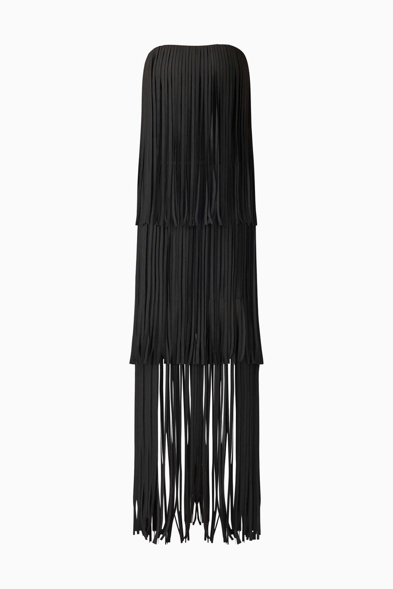 Blonde model wearing the Alya Tiered Maxi Dress in Black ghost shot