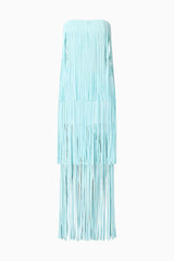 Brunette model wearing the Alya Tiered Maxi Dress in Blue ghost shot
