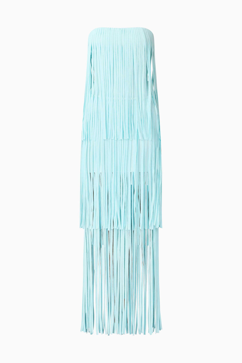 Brunette model wearing the Alya Tiered Maxi Dress in Blue ghost shot