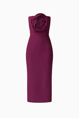 Blonde model wearing Theresa Strapless Midi Dress in Burgundy ghost Shot