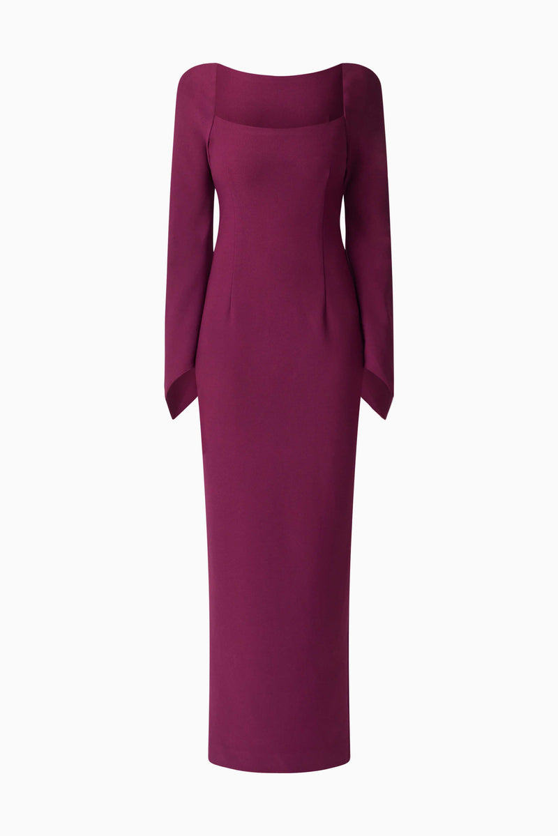 Blonde model wearing the Theresa Long Sleeve Gown in Burgundy ghost shot