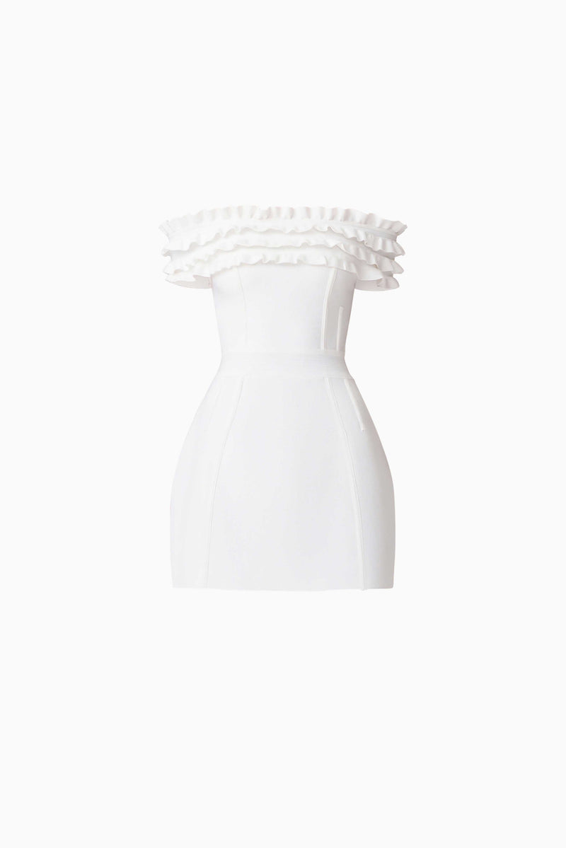 Brunette model wearing Sonya Off The Shoulder Mini Dress in White ghost shot