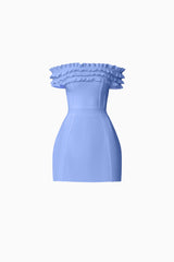 Brunette model wearing Sonya Off The Shoulder Mini Dress in Blue ghost shot