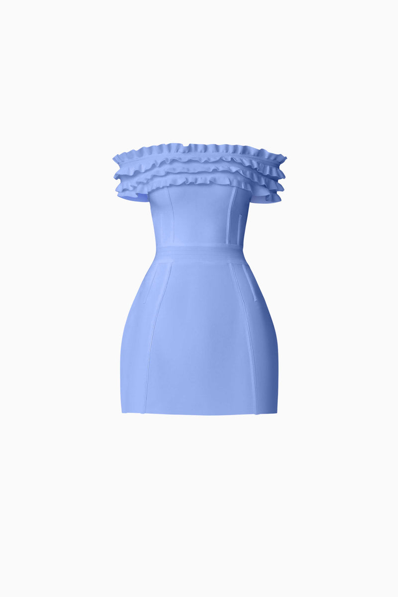 Brunette model wearing Sonya Off The Shoulder Mini Dress in Blue ghost shot