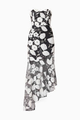 Brunette Model wearing Carol Strapless Gown in Black & White ghost shot