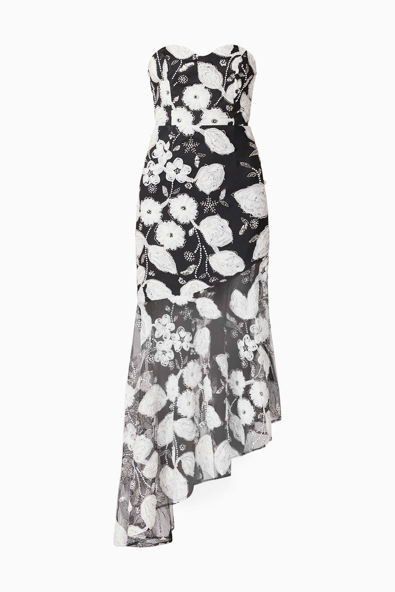 Brunette Model wearing Carol Strapless Gown in Black & White ghost shot