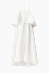 Brunette model wearing Reyna Tiered Maxi Dress in White ghost shot