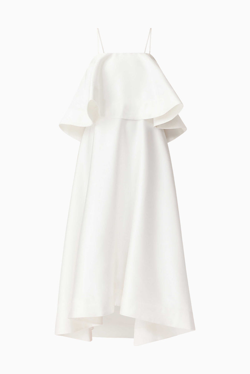 Brunette model wearing Reyna Tiered Maxi Dress in White ghost shot