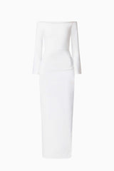 Brunette model wearing Sonya Long Sleeve Midi Dress in White ghost shot