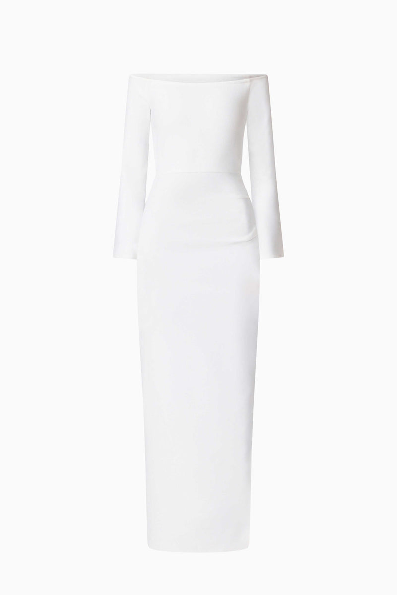 Brunette model wearing Sonya Long Sleeve Midi Dress in White ghost shot
