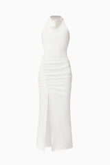 Brunette model wearing Nerissa Cowl Neck Maxi Dress in White ghost shot