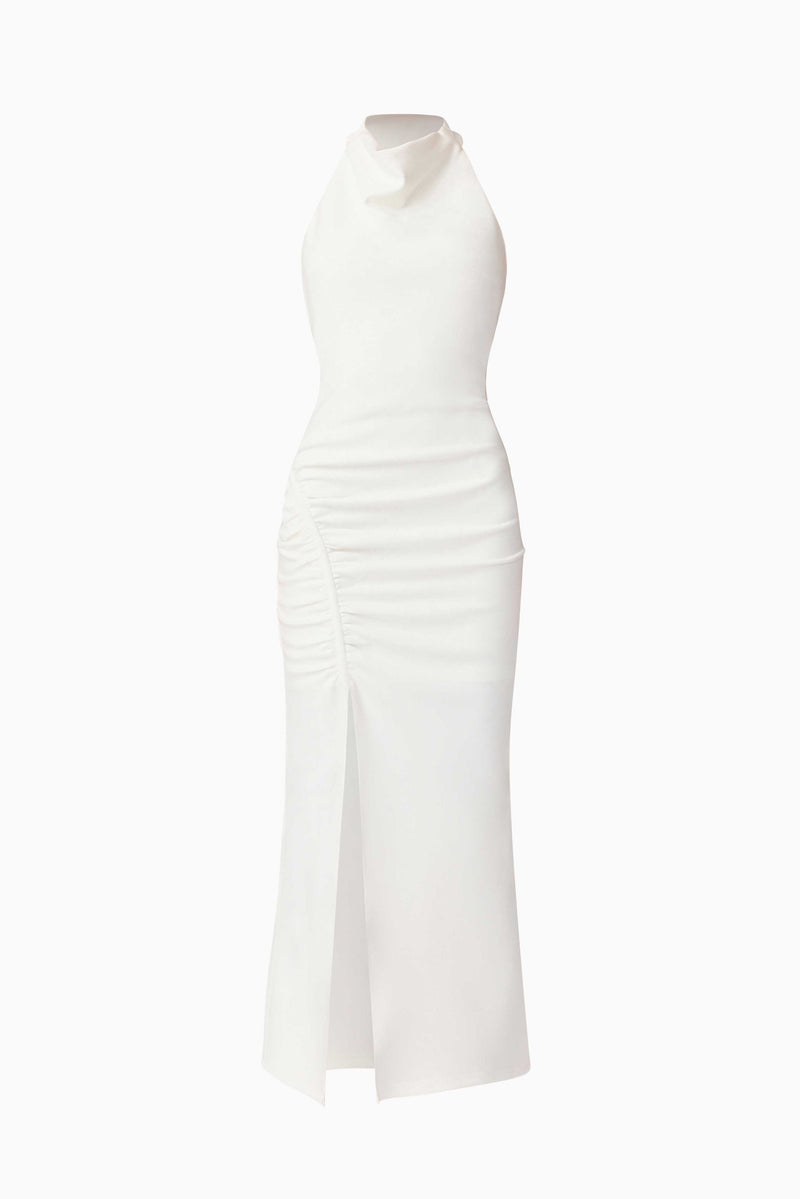 Brunette model wearing Nerissa Cowl Neck Maxi Dress in White ghost shot