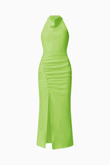 Brunette model wearing Nerissa Cowl Neck Maxi Dress in Green ghost shot