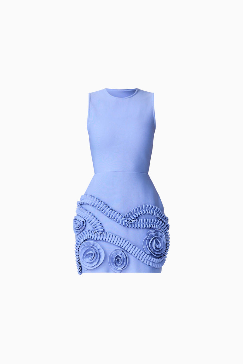 Brunette model wearing Sonya Tulip Mini Dress in Blue ghost shot