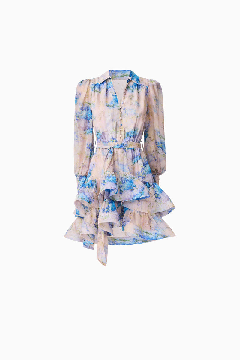 Brunette model wearing Briony Long Sleeve Mini Dress in Pink & Blue Floral ghost shot