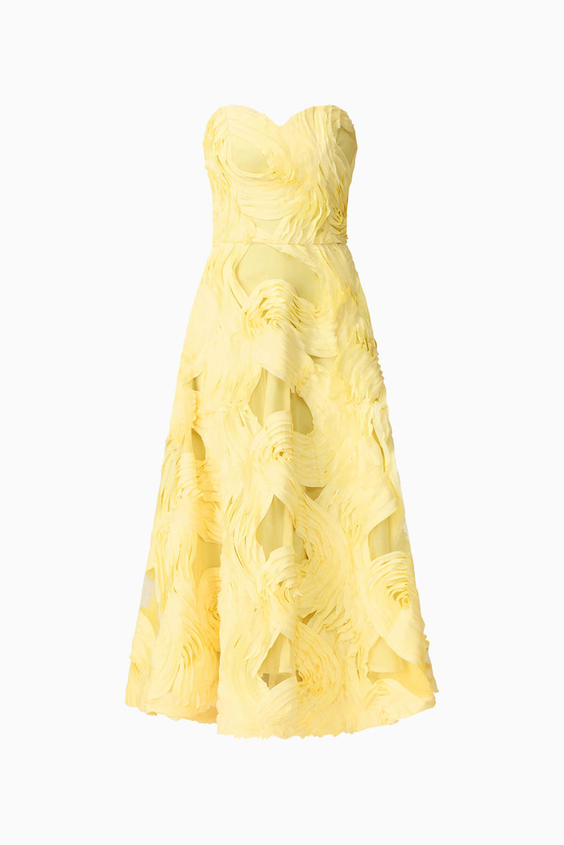 Blonde model wearing Asher Sweetheart Midi Dress in Yellow ghost shot